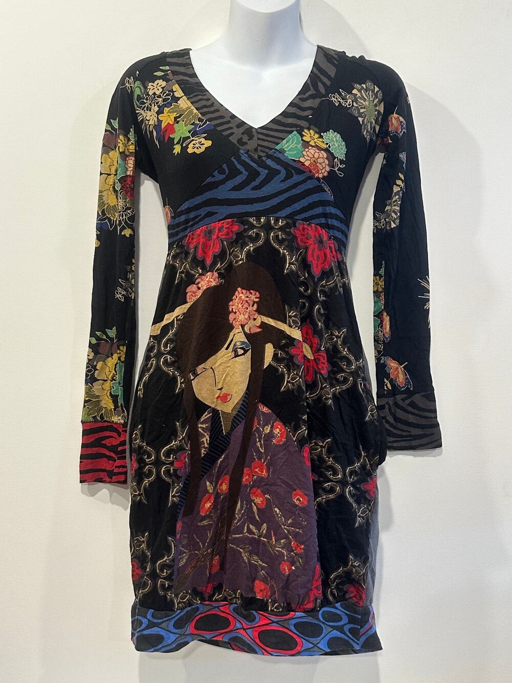 Desigual Vintage Y2K Geisha Pop Art Graphic Bubble Hem Long Sleeve Dress S
